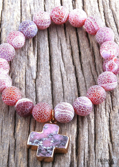 Boho Bracelet, RH Natural Stones Pink Cross